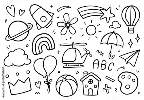 Kid decorative elements doodle on white background. Vector illustration