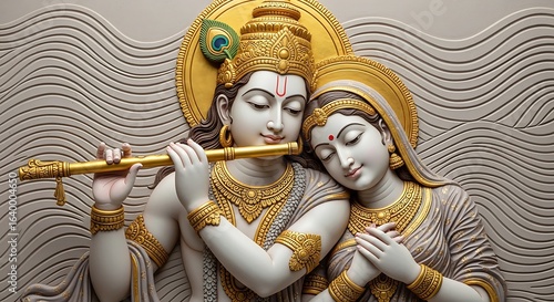 Divine depiction of radha krishna with golden ornaments and flute gracefully displayed