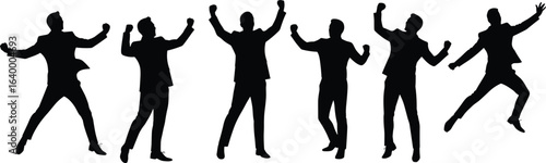 Silhouettes of businessmen jumping, celebrating success, raising hands, cheerful poses, energetic business team, motivation, happiness, achievement, teamwork, joy