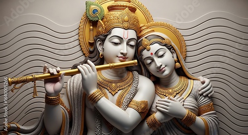 Exquisite depiction of hindu gods radha and krishna playing a golden flute together