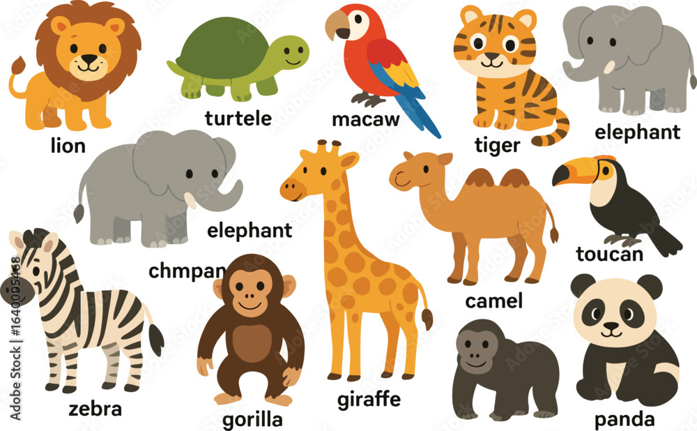 Obraz premium Cute Cartoon Wild Animals Set – Lion, Turtle, Macaw, Tiger, Elephant, Chimpanzee, Zebra, Gorilla, Giraffe, Camel, Toucan, and Panda Illustrations with Labels