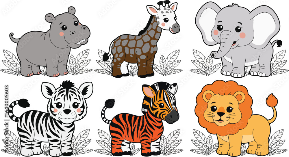 Fototapeta premium Cute Safari Jungle Animals Vector Collection for Children's Design