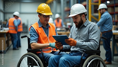Two industrial technicians in wheelchairs wearing hard hats reflective vests installing maintaining large machinery indoors schematic blueprint pipes beams control panels teamwork safety realistic
