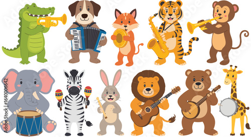 A fun collection of cartoon animals playing musical instruments in a band. Vector illustration set.