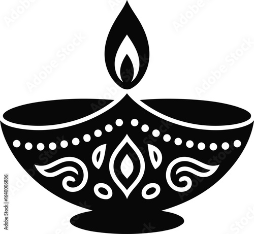 Diwali Diya Lamp Black Silhouette Vector Design, Transparent Background.