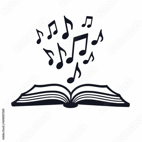 Open book with musical notes floating above it in a creative design style