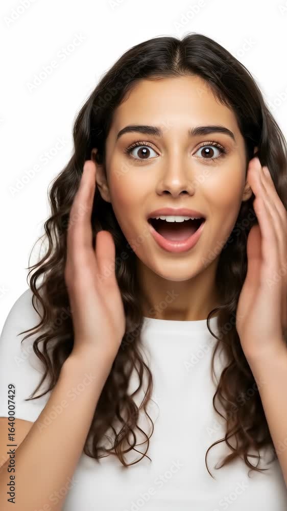 Surprise! An amazed Middle Eastern woman in her twenties reacts with wide eyes and an open mouth, expressing joy against a white backdrop. Surprise! An amazed Middle Eastern woman in her twenties reacts with wide eyes and an open mouth, expressing joy against a white backdrop.