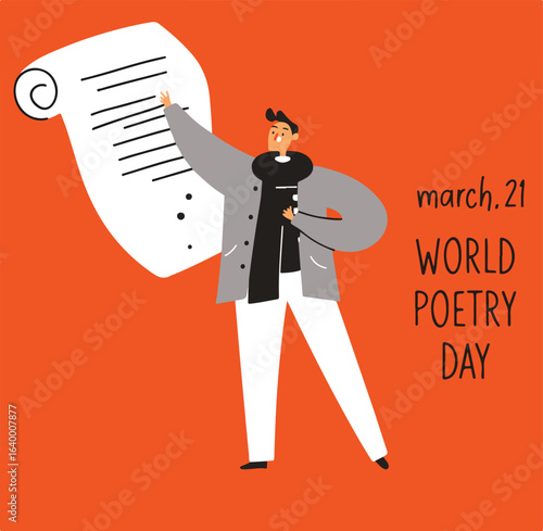 World Poetry Day Illustration – Poet Reciting with Scroll on Orange Background, March 21 Literary Celebration Art

