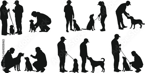 Silhouettes of people walking and training dogs, dog obedience, pet care, leash training, canine interaction, outdoor dog activities