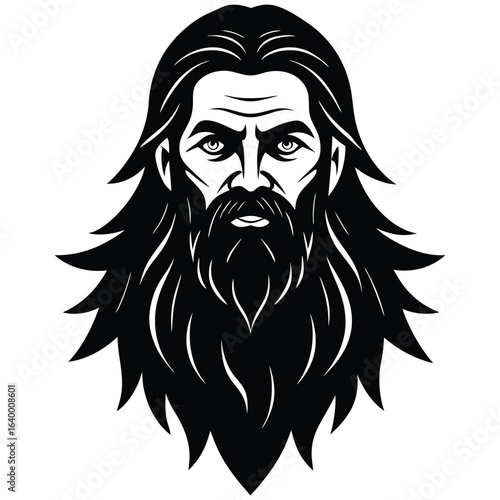 Stern-faced man, long hair and beard, vector art, serious expression, strong graphic style.