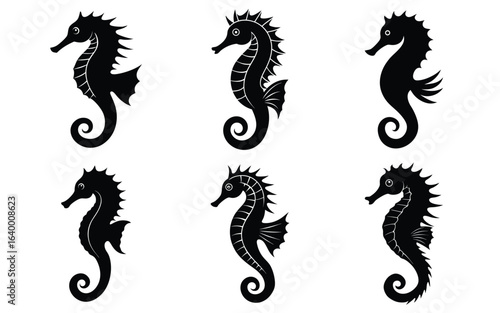 Six stylized seahorse silhouettes, seahorse silhouette, seahorse icon. bundle of seahorses, seahorse png