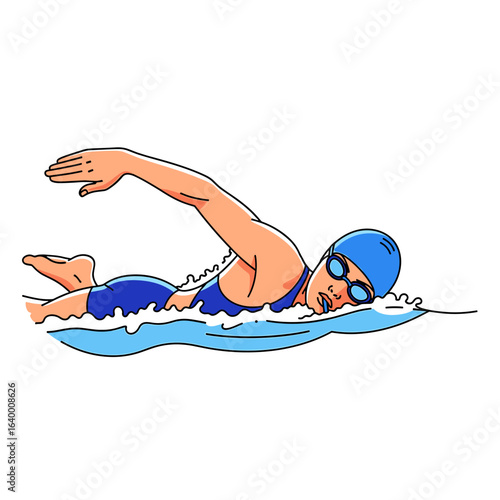 Dynamic illustration of a swimmer executing a freestyle stroke in vibrant blue water
