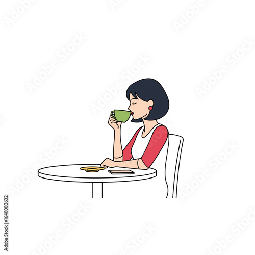 Woman Enjoying a Warm Beverage While Sitting at a Table with Snacks and a Phone