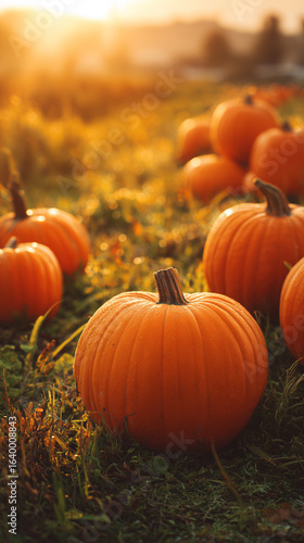 Pumpkins on grass in an autumn harvest festival background, a Halloween and spooky concept. Orange pumpkins and golden sunlight. An autumn pumpkin patch. A Halloween fall landscape banner.