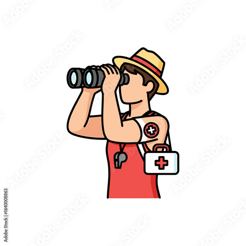 Lifeguard Using Binoculars to Monitor Beach Activities and Ensure Safety of Swimmers