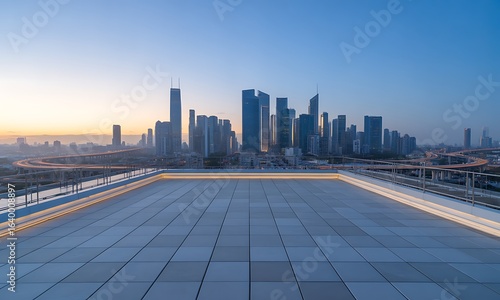 Breathtaking Skyline View at Dusk from Rooftop Terrace Overlooking Skyscrapers and Urban Landscape, Ideal for Business Presentations, Real Estate Insights, Travel Promotions, and City Exploration