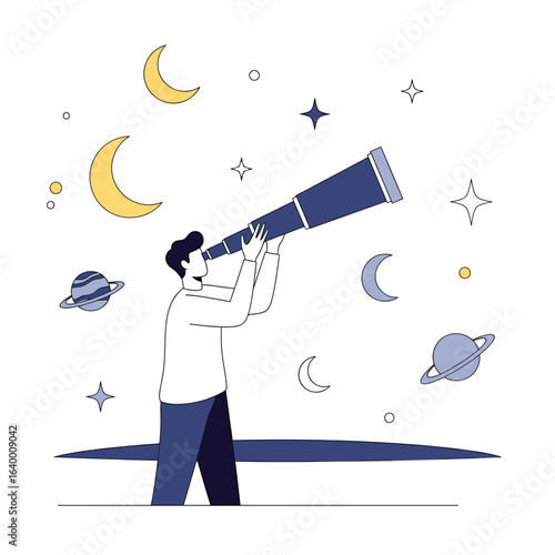 Enthusiastic stargazer observing the night sky with a telescope surrounded by celestial wonders