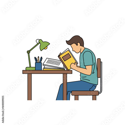 Young man deeply focused on reading a book at a neat study desk with lamp