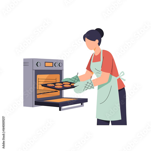 Cheerful baker removing freshly baked cookies from oven, showcasing delightful home cooking scene