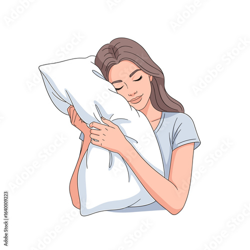 Young woman peacefully embracing a fluffy white pillow with a serene expression on her face