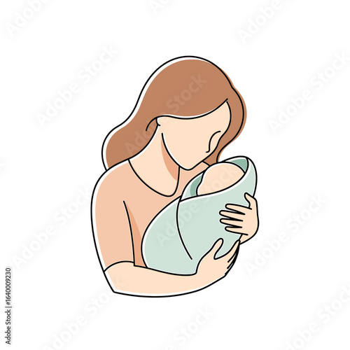 Tender moment between a mother and her newborn captured in a minimalist illustration style