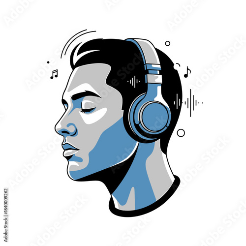 Engaging illustration of a young man enjoying music with headphones and sound waves visually represented