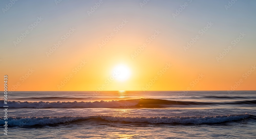 Obraz premium Breathtaking Sunset Over Tranquil Ocean Waves: A Serene Coastal Landscape Capturing the Golden Hour's Warm Glow, Ideal for Travel Promotions, Nature Art, and Relaxation Themes