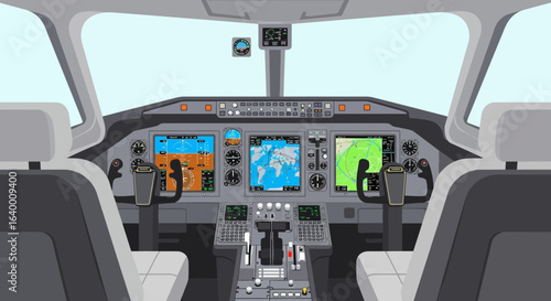 Airplane Cockpit Interior With Flight Navigation Instruments and Controls