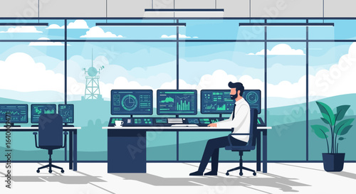 Analyst Working At Computer In Modern Office With Data Charts