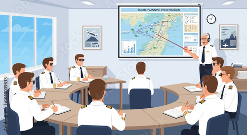 Aviation Professionals Attending a Route Planning Presentation in Conference Room