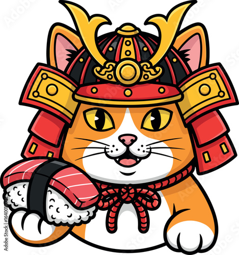 cat in a helmet holding tuna sushi. Japanese warrior character vector illustration.