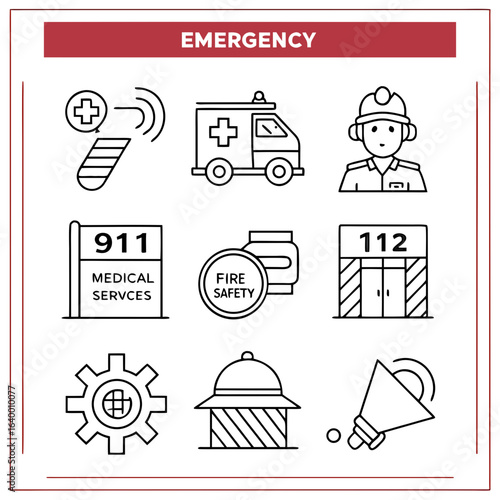 Emergency services and safety icons silhouette isolated on white background