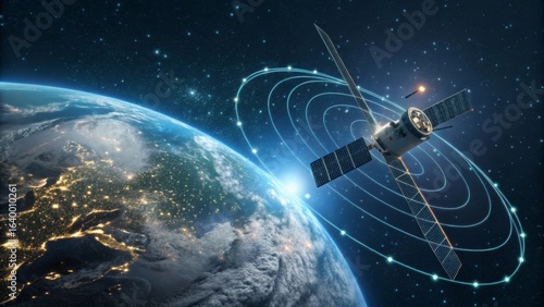 Advanced satellite orbiting Earth, connecting our world with futuristic digital signals and glowing data streams.