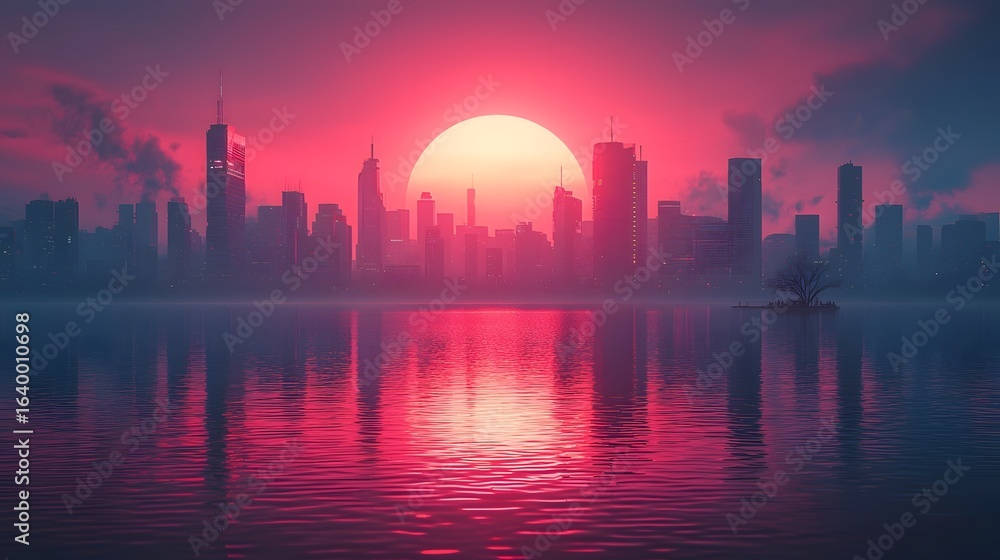 Obraz premium Futuristic city skyline at dawn with fading neon lights as the sun rises
