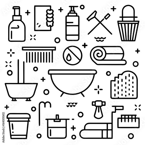 Bathroom hygiene and cleaning icons silhouette isolated on white background