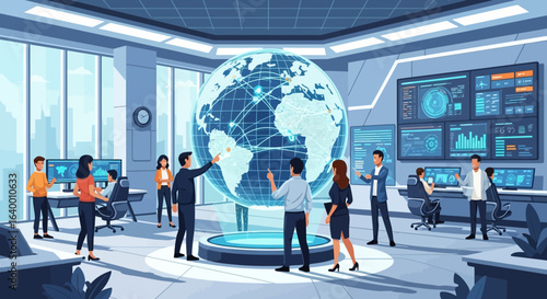 Global Business Team Analyzing Data On Futuristic Globe Display