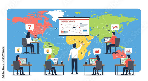 Global Crisis Management Team Working on Emergency Route Planning