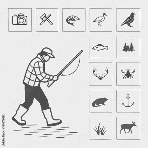Fisherman silhouette casting a line isolated on white background