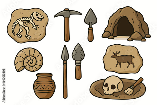 Cartoon stone age tools and artifacts including fossils and cave art