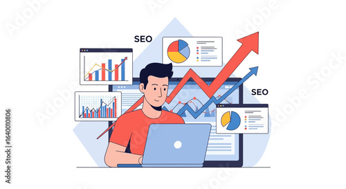 Man Analyzing Data Charts On Laptop For Seo Optimization Process