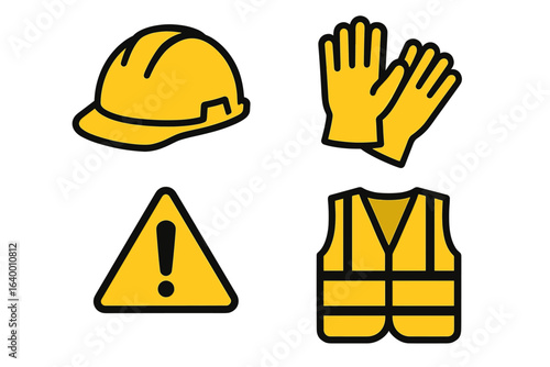 Safety equipment icons: hard hat, gloves, caution sign, safety vest