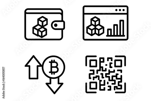 Cryptocurrency wallet and analytics icons with bitcoin and qr code symbols