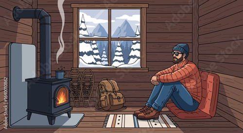 Man Relaxing In Cozy Cabin With Winter Mountain View Illustration