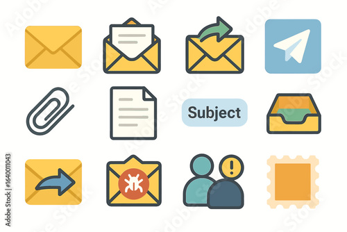 Email icons set with envelopes, attachments, inbox elements, and message symbols