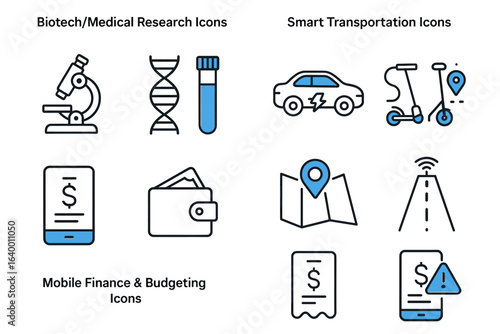 Biotech medical research, smart transportation, mobile finance, budgeting icons set