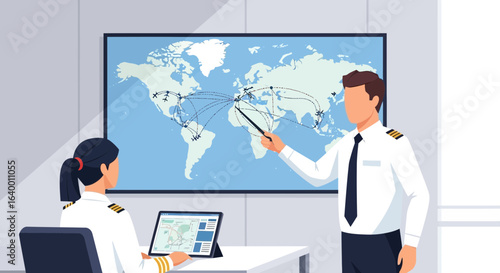 Pilots Discussing Global Air Routes on World Map Presentation