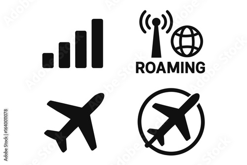 Cellular signal strength roaming and airplane mode icons set in black