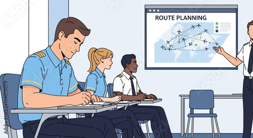 Pilots Training Center Studying Aviation Route Planning in a Classroom