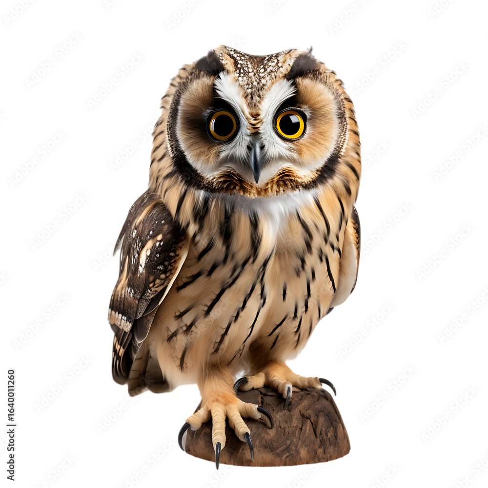 Naklejka premium A close up of a brown and white owl perched on a small rock against a black background looking forward png cutout isolated on transparent backdrop | PNG Cutout Isolated on Transparent Backdrop