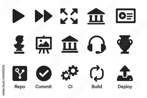Set of black icons for video, play, museum, headset, gallery, deploy, and programming tools